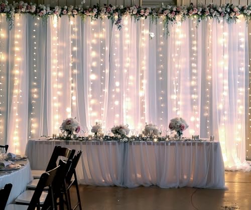 20ft X 10ft White Tulle Wedding Backdrop Curtains with Lights String 4 Panels Sheer Backdrop Curtains for Parties Bridal S...