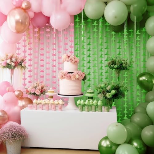 2 Pack Witch Party Decorations Banner Foil Fringe Curtains Princess Crown Photo Booth Prop Supplies Pink and Green Backdro...