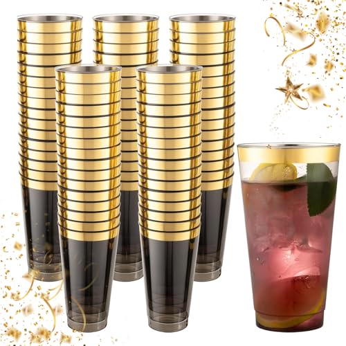LIYH 100 Pcs Gold Plastic Cups - 16 OZ Clear Black and Gold Rim Plastic Wine Cups Big Size Fancy Disposable Wine Glasses P...