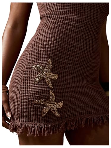 Floerns Women's Star Sequin Crochet Halter Dress Sleeveless Fringe Trim Going Out Party Mini Dresses