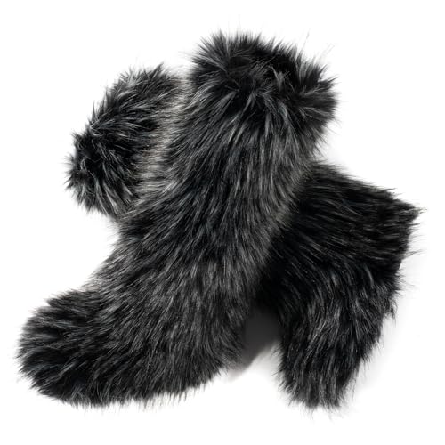 IXU Women's Faux Fur Boot Furry Fluffy Round Toe Suede Winter Comfy Plush Warm Short Outdoor Indoor Flat Shoes Knee-High B...