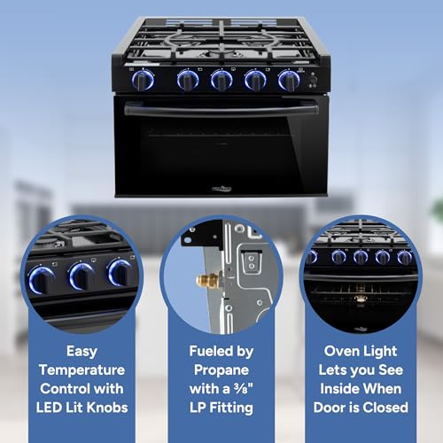 RecPro RV High Pointe Stove Black Finish | Gas Range 17" Tall | 6800 and 8300 BTU Three Burner | 7100 BTU Oven with 1.2 C...