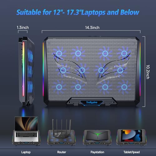Trullypine Laptop Cooling Pad with 12 Quiet Fans, Slim Portable for 12-17.3 Inch Laptop Cooler Stand with 5 Height Adjusta...