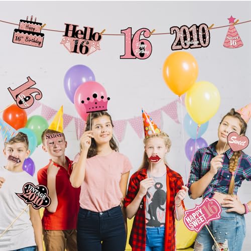 16th Birthday Decorations for Girls, Black Rose Gold Sweet 16 Photo Booth Props Sweet 16 Party Decorations Selfie Props Vi...