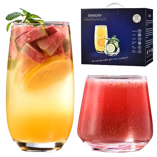 ISMASOAN Drinking Glasses Set of 12-6 Tall Glass Cups 17 oz and 6 Short Stemless Wine Glasses 10 oz,Glass Sets for Drinkin...