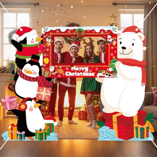 Christmas Photo Booth Props Selfie Frame Banner Polar Bear Penguin Xmas Backdrop for Christmas Xmas Winter Holiday Party N...