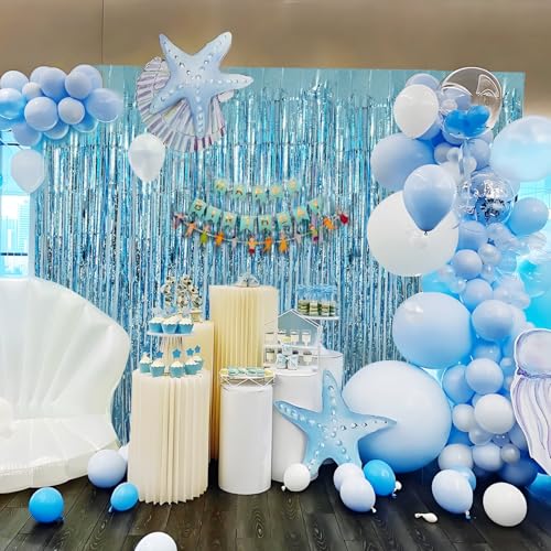 Blue Streamers Party Decorations 3.3x8.2ft 2 Pack Light Blue Tinsel Foil Fringe Curtain Backdrop Ocean Themed Party Decor ...