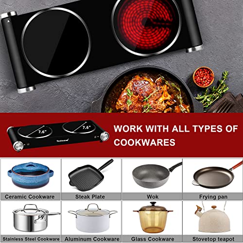 Hot Plate, Techwood 1800W Dual Electric Stove, Countertop Stove Double Burner for Cooking, Infrared Ceramic Hot Plates Dou...