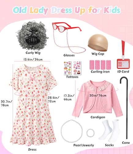 VGOFUN Old Lady Costume for Kids,100 Days of School Costume for Girls,100th Day Grandma Costume Granny Cosplay Dress Up Ou...