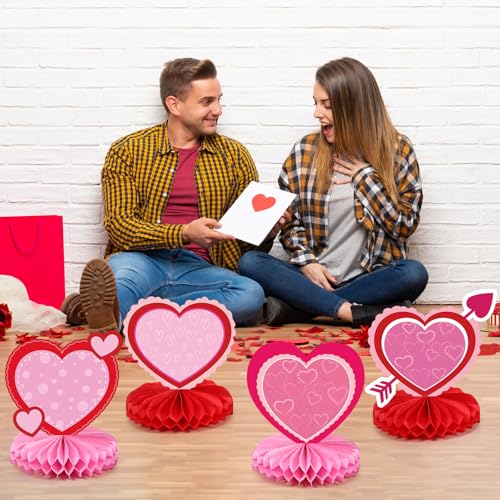 Containlol 12 Pcs Valentine's Day Honeycomb Centerpieces Valentines Table Decorations 3D Paper Red Pink Heart Valentine Ta...