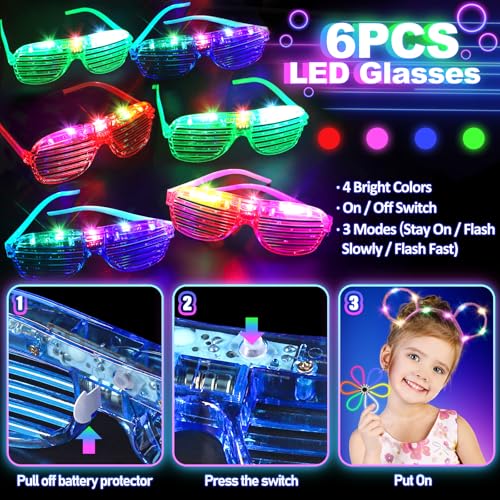 130PCS Glow in the Dark Party Supplies for Kids Adults, Light Up Party Favors with LED Glasses, Headbands, Finger Lights, ...