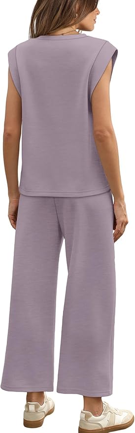 WIHOLL 2 Piece Sets for Women Summer Lounge Sets Travel Vacation Outfits Cap Sleeve Sweatsuit Side Slit Wide Leg Pants S-3XL