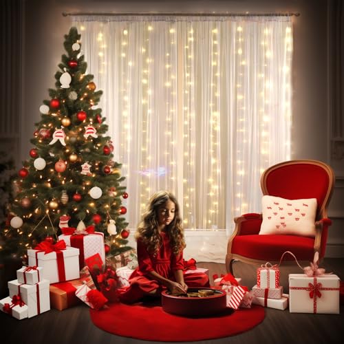 10ft x 8ft White Backdrop Curtain with Lights String for Parties, Sheer Tulle Wedding Photo Backdrops Drapes for Baby Show...