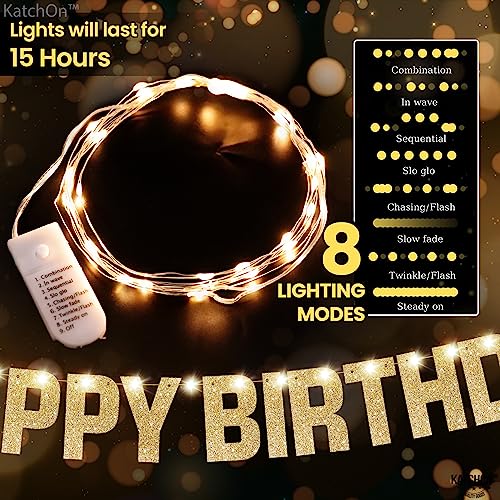 KatchOn, Light Up Happy Birthday Banner - 10 Feet, 8 Modes | Glitter Golden Birthday Party Decorations | Gold Birthday Dec...