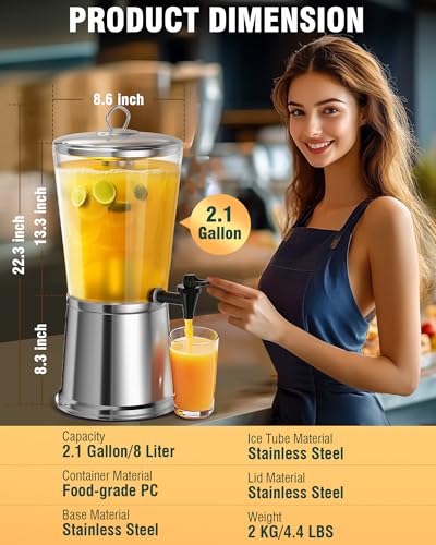 WantJoin Beverage Dispenser With Stand, Drink Dispenser for Party, Stainless Steel Water Dispenser with Ice Core, Spigot, ...