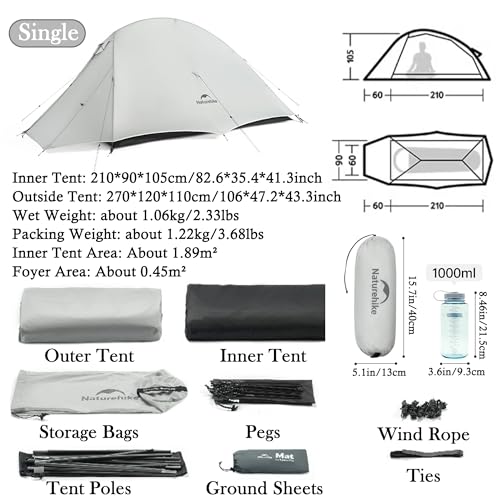 Naturehike 1-2 People Cloud up UL Tent, Rainproof PU1500mm & Windproof Upgrade Ultralight Tents,2.3lbs/2.68lbs, for Cycle ...