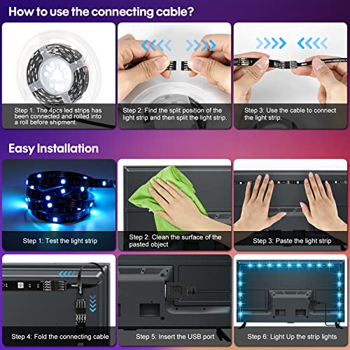 HOUHUI USB LED Strip Lights Kit, 4 Pre-Cut 1.64ft/6.56ft RGB LED Light Strips, Color Changing TV Backlights with Remote, R...