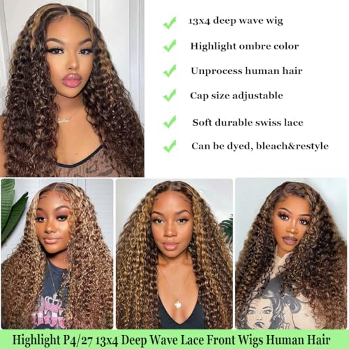 20 inch Highlight Ombre Lace Front Wig Human Hair 200 Density Honey Blonde Wig Human Hair 13x4 HD 4/27 Deep Wave Lace Frontal Wigs Pre Plucked with Baby Hair