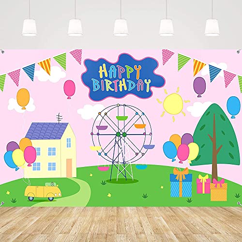 Happy Birthday Backdrop Colorful Cartoon House Sky Flag Car Photography Background Cartoon Pink Pig Theme Banner for Baby ...
