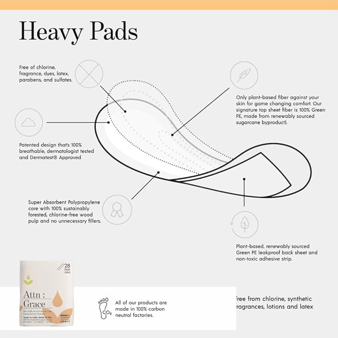 Attn: Grace Heavy Incontinence Pads for WomenWomen 2-Pack (56 Pads Total / 28 per Pack) - High Absorbency for Sensitive Skin - Protection for Heavy Bladder Leakage/Discreet, Breathable, & Plant-Based