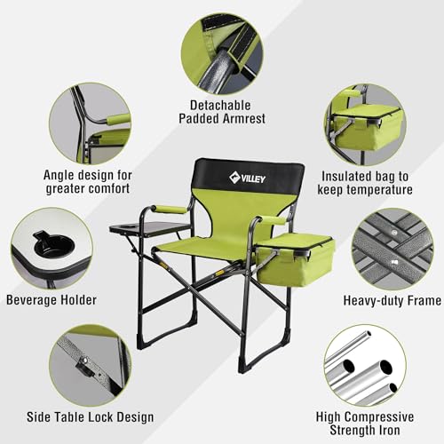 VILLEY Heavy Duty Directors Chair, Folding Camping Chairs, with Cooler Bag Portable Foldable Chair, for Camp Tailgating La...