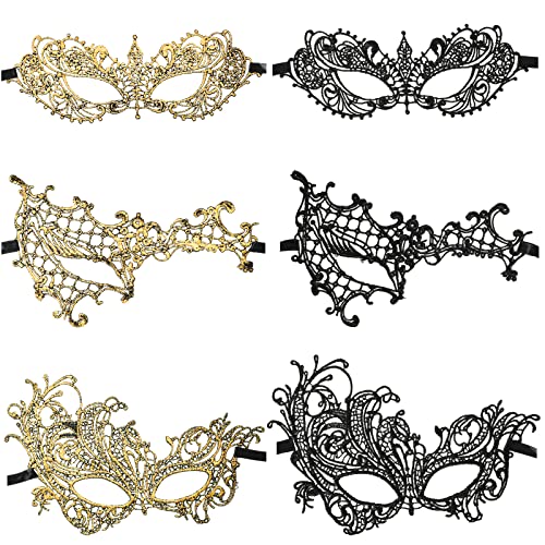 Cindeer 6 Pcs Masquerade Mask for Couples Women and Men Venetian Lace Mask for Prom Ball Halloween Mardi Gras Party