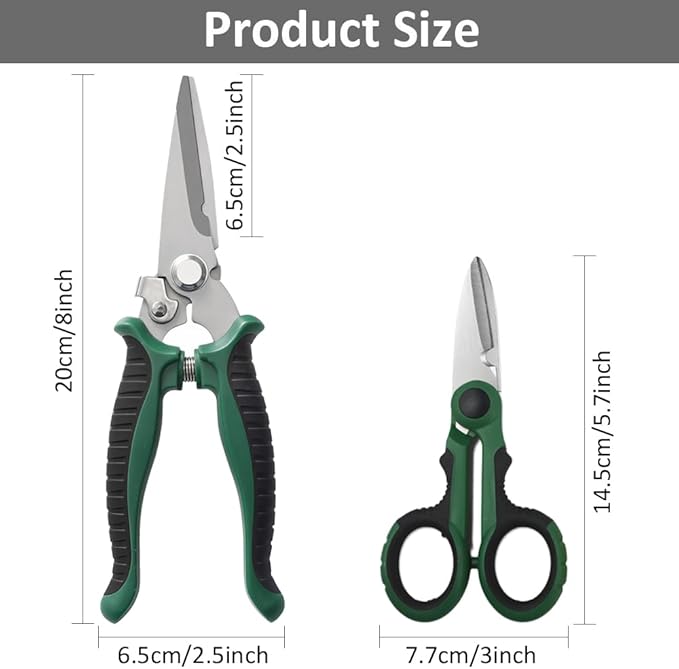 8" Scissors All Purpose, Ultra Sharp Stainless Steel Shears, Heavy Duty Straight Metal Cutter Serrated Edge for Cutting Cardboard, Thin Iron, Wire, Pruning, Gardening (8-In Straight Blades)