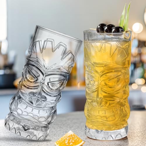 Hacaroa 8 Pack 17 Oz Plastic Tiki Cups, Clear Tiki Cocktail Mug Luau Cup Hawaiian Party Drinking Tumblers for Lemonade, Mi...