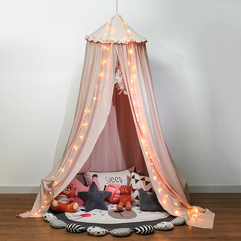 PlentiVive Princess Bed Canopy for Girls - 100% Cotton with Ruffles, Dreamy Pink Hanging Tent for Crib, Bed & Reading Noo...