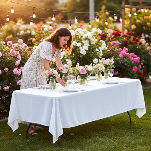 FDW 8FT Folding Table, Portable Fold-in-Half Plastic Picnic Party Table with Carrying Handle (White, 8FT)