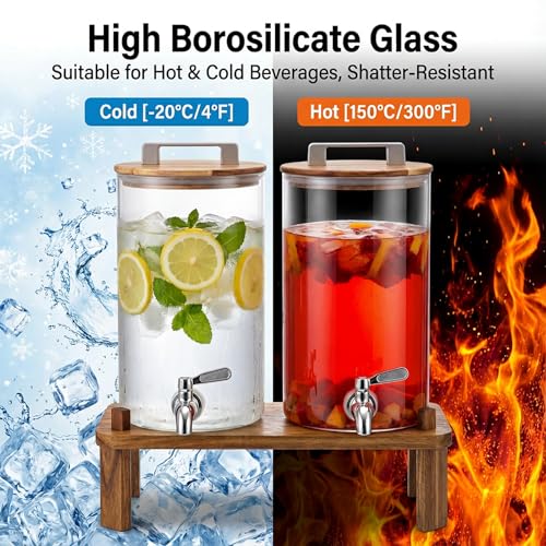 MerryNine 2PCS 1.1 Gallon Glass Drink Dispensers for Parties with Wood Stand, Punch Borosilicate Glass Beverage Dispenser,...