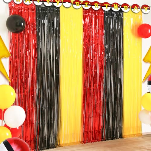 Cartoon Monster Birthday Party Decoration, 4 Pack Animation Themed Photo Booth Prop, Red Black Yellow Foil Fringe Curtains...