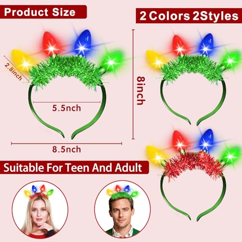 TURNMEON 2 Pack Light up Christmas Headbands, 3D Colored Bulb, 6 Lighting Modes, Xmas Light Necklace New Year Eve Party Fa...