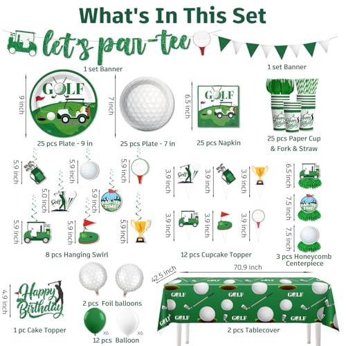 192pcs Golf Party Decorations, Golf Birthday Decorations with Golf Plates and Napkins Set, Pennant Banner Tablecloth Cupca...