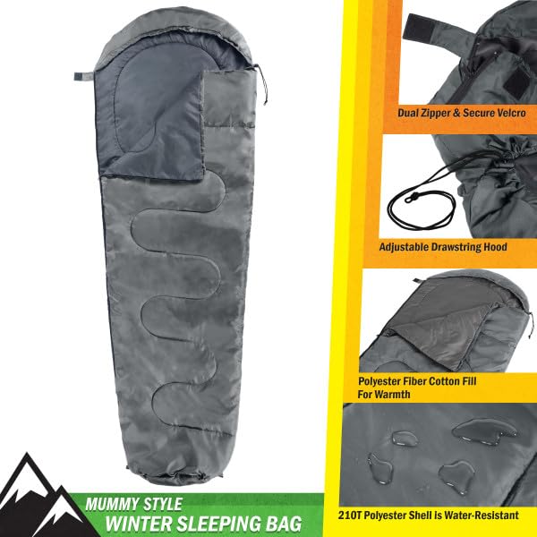 Mummy Sleeping Bag - Adult Cold Weather Sleeping Bag Rated to 25°F - Waterproof with Drawstring Hood - Camping Equipment b...