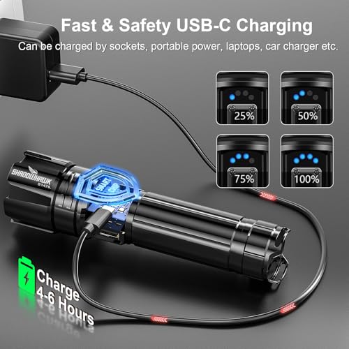 Flashlight 20000 High Lumens Rechargeable - 30W Super Bright LED Flash Light | 5000ft Beam & 12H Long Lasting USB C High P...