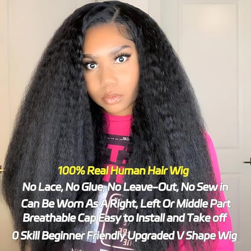 V Part Wig Human Hair Kinky Straight 20 Inch Vpart Human Hair Wig Upgrade U Part Wig Yaki Straight Clip in Half Wigs for Black Women Glueless No Leave Out 180% Density Natural Color