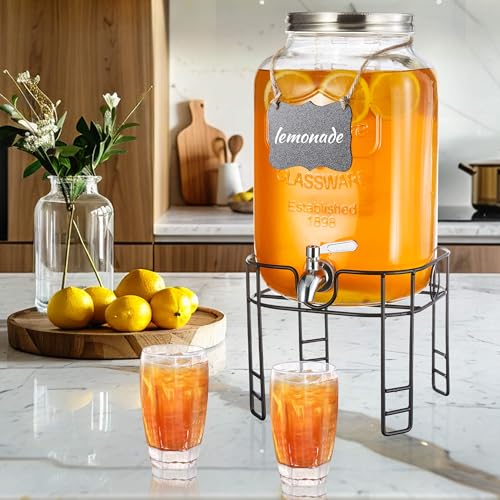 2 Gallon Drink Dispensers for Parties, Beverage Dispensers with Stand, Glass Water Jug Dispenser, with 18/8 Stainless Stee...