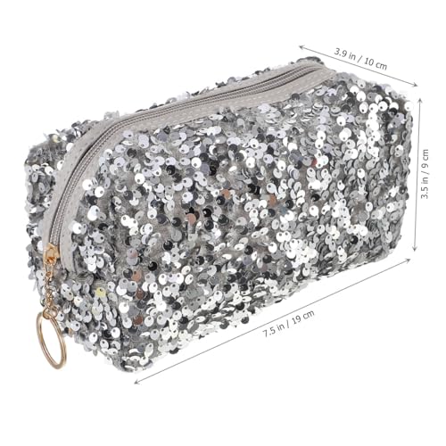 VALICLUD Sequin Makeup Bag Silver Glitter Cosmetic Pouch Large Capacity Travel Organizer with Zipper for Women and Girls