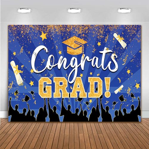 2026 Congrats Grad Graduation Backdrops 10x8 FT Blue and Gold Picture Background Class of 2026 Graduation Prom Party Banne...