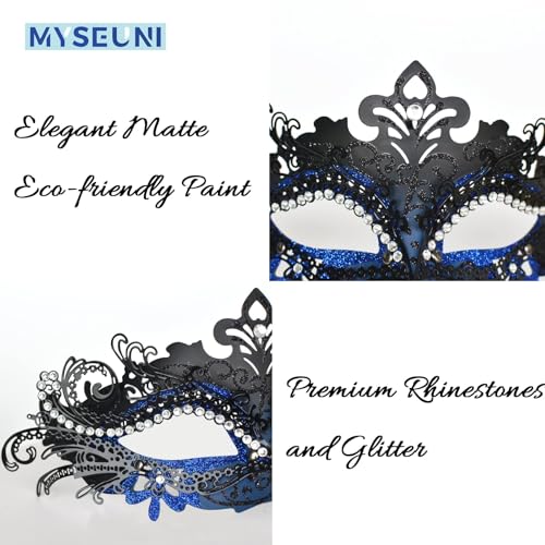 MYSEUNI 2025 Masquerade Masks for Couples, Shiny Rhinestone Metal Filigree Venetian Mask & Mens Venetian Mask for Mardi Gras