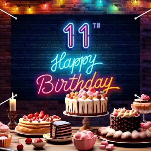 Neon Happy 11th Birthday Backdrop Banner Cool Glow Neon Theme Background Decor for Boys Girls Birthday Party Let’s Glow Pa...