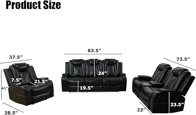 Toseslo Power Recliner Sofa Set with LED Light, Black Leather Sectional Sofa and Chair Set, Living Room Furniture Sets, Modern Power Reclining Sets with Storage Console for House