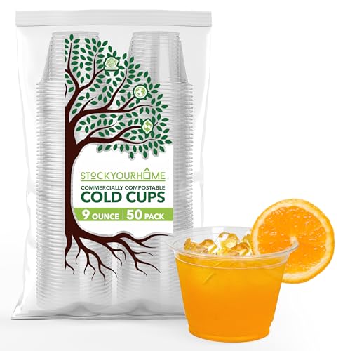 Stock Your Home 9 oz Commercially Compostable Cold Cups (50 Pack), Eco Party Cup, Environmentally Friendly Recyclable Disp...
