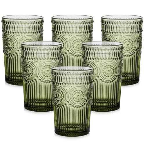 ZMOWIPDL Vintage Glassware Drinking Glasses Set of 6,13 oz Green Textured Flower Design Glass Water Tumblers，Embossed Stri...