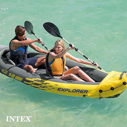 Intex 68307EP Explorer K2 Inflatable Kayak Set: Includes Deluxe 86in Aluminum Oars and High-Output Pump – SuperStrong PVC...