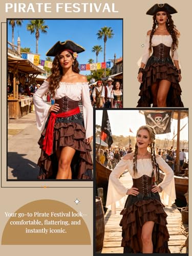 Verceco Pirate Costume Women Outfit with Renaissance Pirate Shirt Skirt Corset Waist Belt Womens Halloween Pirate Costumes...