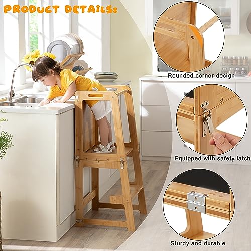 4-in-1 Standing Tower for Toddlers and Kids 1-6 Years, Bamboo Kitchen Learning Helper Stool with Chalkboard, Desk Table, a...
