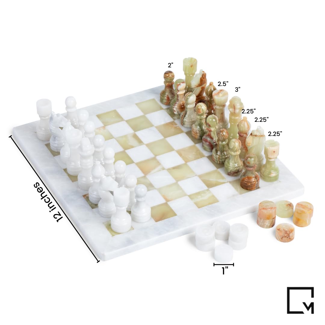 Marble Chess and Checkers Set – Luxury Tabletop Game and Coffee Table Decor – Elegant 3-in-1 Marble Game for Room Decor, Modern Home Accents, and Functional Décor (White and Onyx)