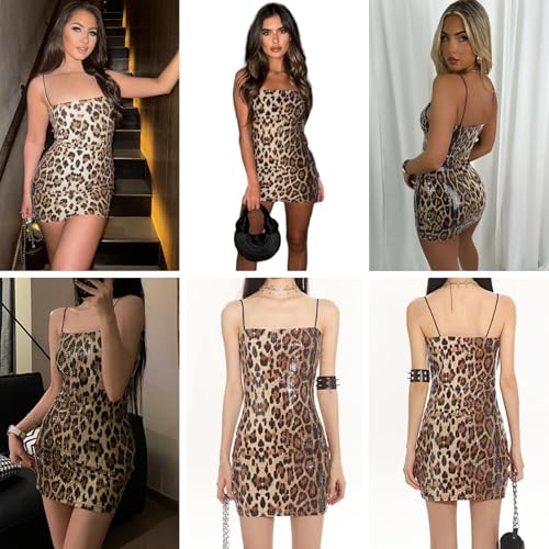 ZGMYC Women's Glitter Sequin Leopard Mini Dress Sexy Sleeveless Spaghetti Strap Bodycon Dress Slim Fit Short Party Dress